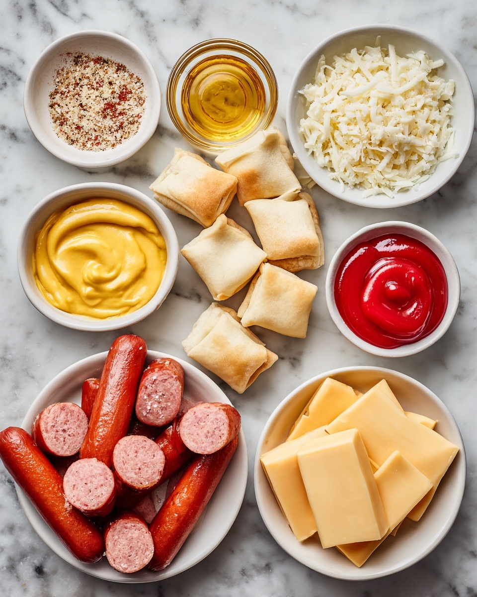 Flat lay of sliced hot dogs, small chunks of American cheese, thin strips of crescent roll dough, a small dish of Dijon mustard, melted butter with a sprinkle of garlic and onion powder, a scattering of flaked sea salt, and dollops of bright red ketchup and golden mustard, all beautifully arranged on a white marble surface, photo taken with an iphone --ar 2:3 --v 7