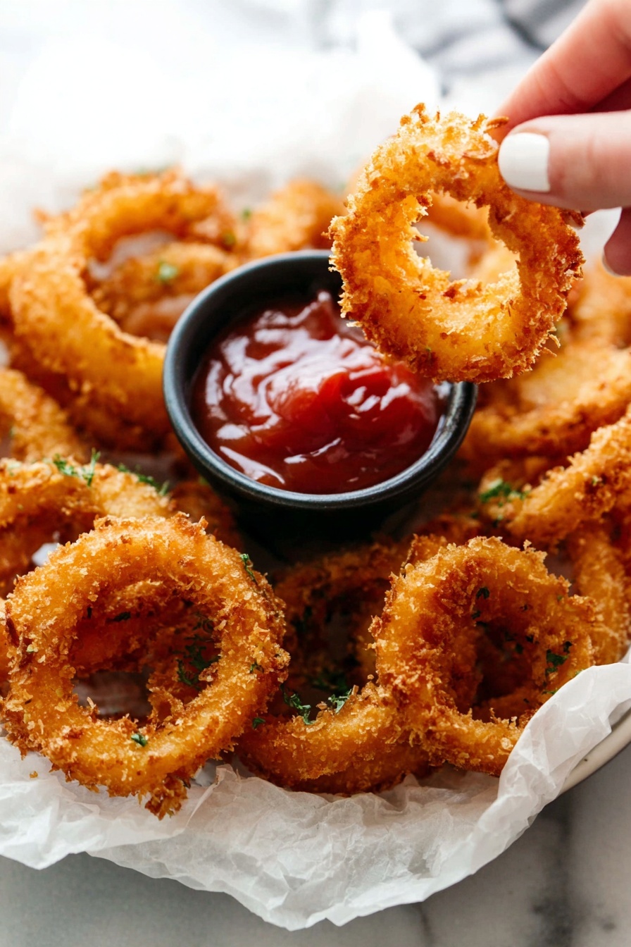 A white round plate is filled with several golden brown, crispy onion rings stacked loosely on top of each other. Each onion ring shows a crunchy texture with small, rough bread crumbs coating the surface. Some sprinkles of chopped green herbs add color contrast on top of the onion rings. To the right side of the plate, inside a small dark bowl, there is a smooth, glossy red sauce garnished with a few green herb pieces. The plate sits on a white marbled surface with soft natural light highlighting the texture of the onion rings and sauce. photo taken with an iphone --ar 2:3 --v 7