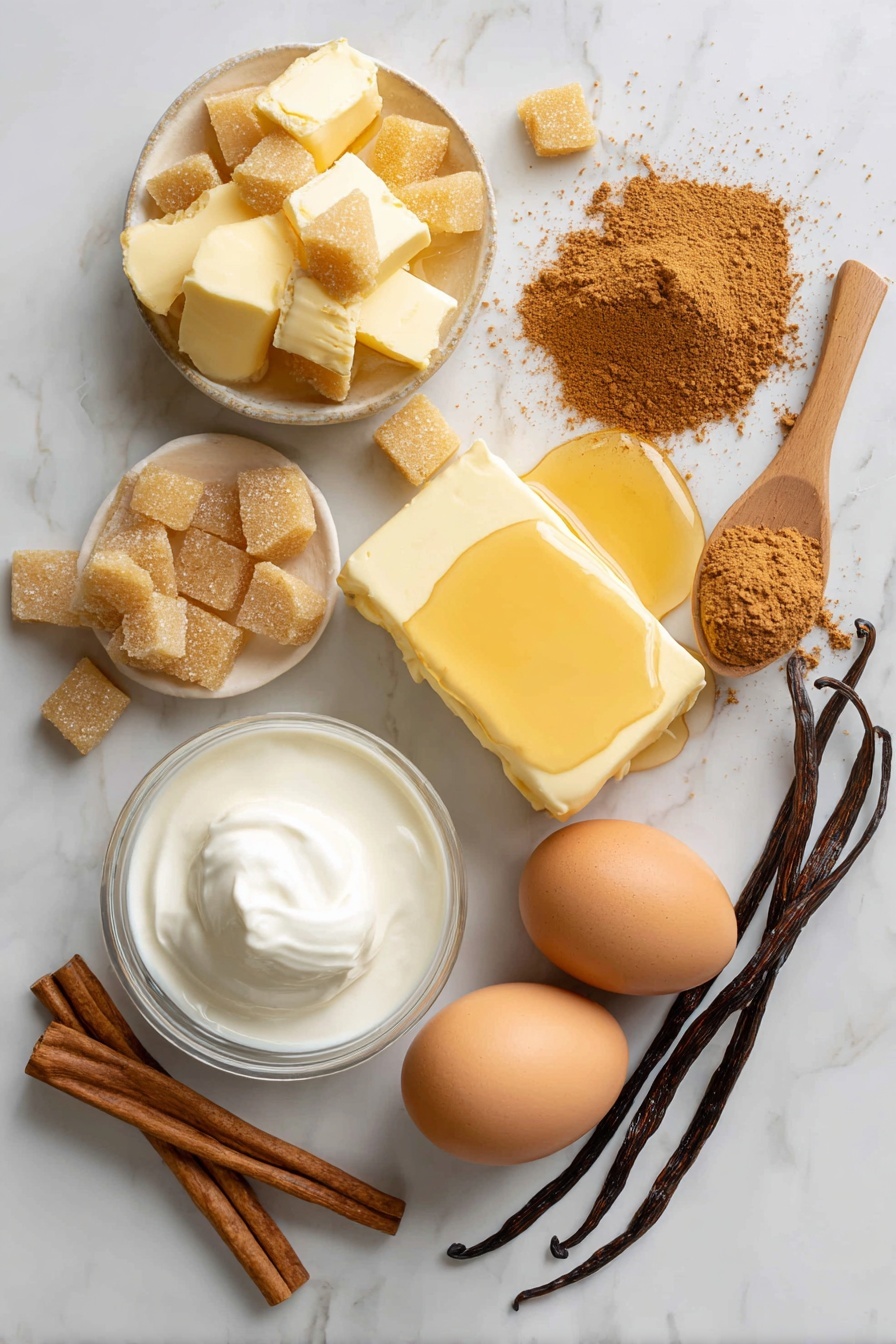 Flat lay of soft unsalted butter cut into chunks, golden light brown sugar crystals heaped in a small pile, a heap of warm cinnamon powder, a drizzle of golden honey in a small pool, smooth cream cheese block with a small dollop of powdered sugar on top, a couple of fresh brown eggs with smooth shells, and a small glass of whole milk, all beautifully arranged with some scattered cinnamon sticks and vanilla beans for accent, placed on a white marble surface, photo taken with an iphone --ar 2:3 --v 7
