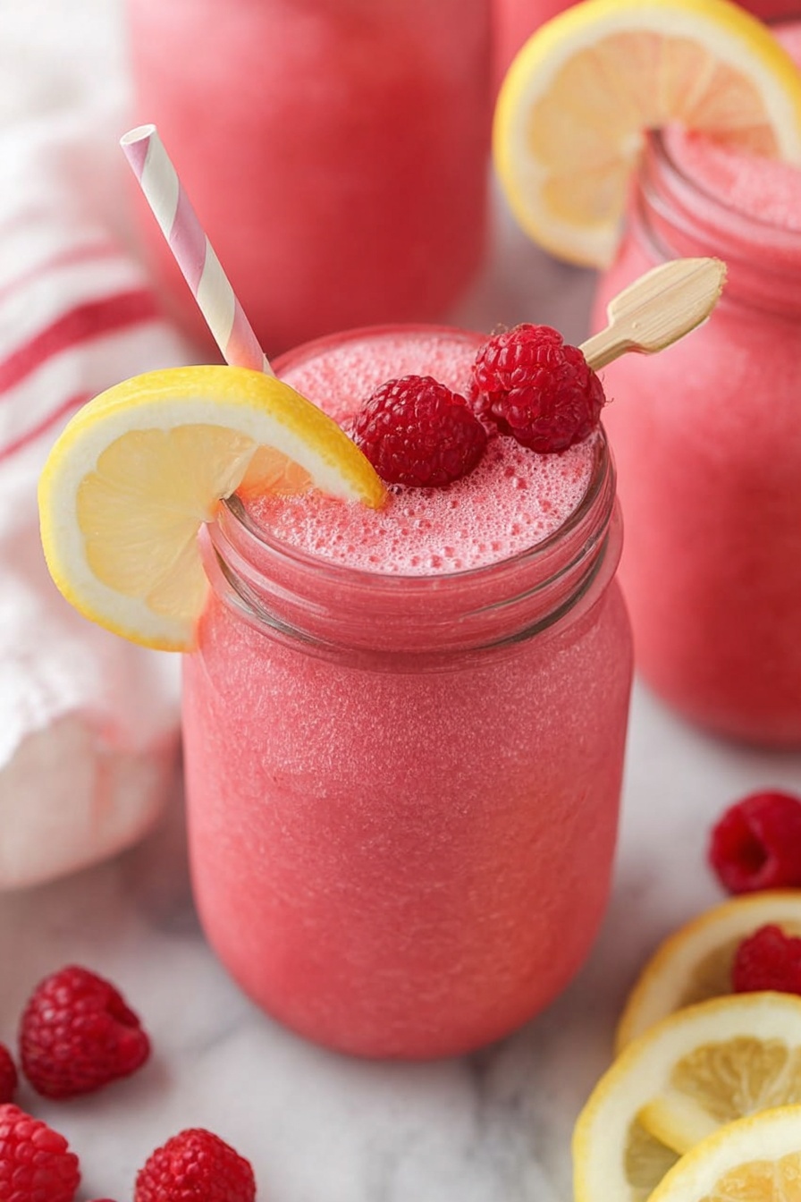 The image shows a clear glass jar filled with a frothy, bright pink smoothie. On top of the smoothie is a wooden skewer holding three fresh red raspberries, resting horizontally near the jar's rim. A thin yellow lemon slice with a slightly curved shape is placed on the jar’s edge, and a white and pink striped paper straw stands upright beside it. In the background, more jars with the same smoothie and lemon slices are slightly blurred. The jar sits on a white marbled surface with scattered fresh raspberries and a white cloth with red stripes partly visible. photo taken with an iphone --ar 2:3 --v 7