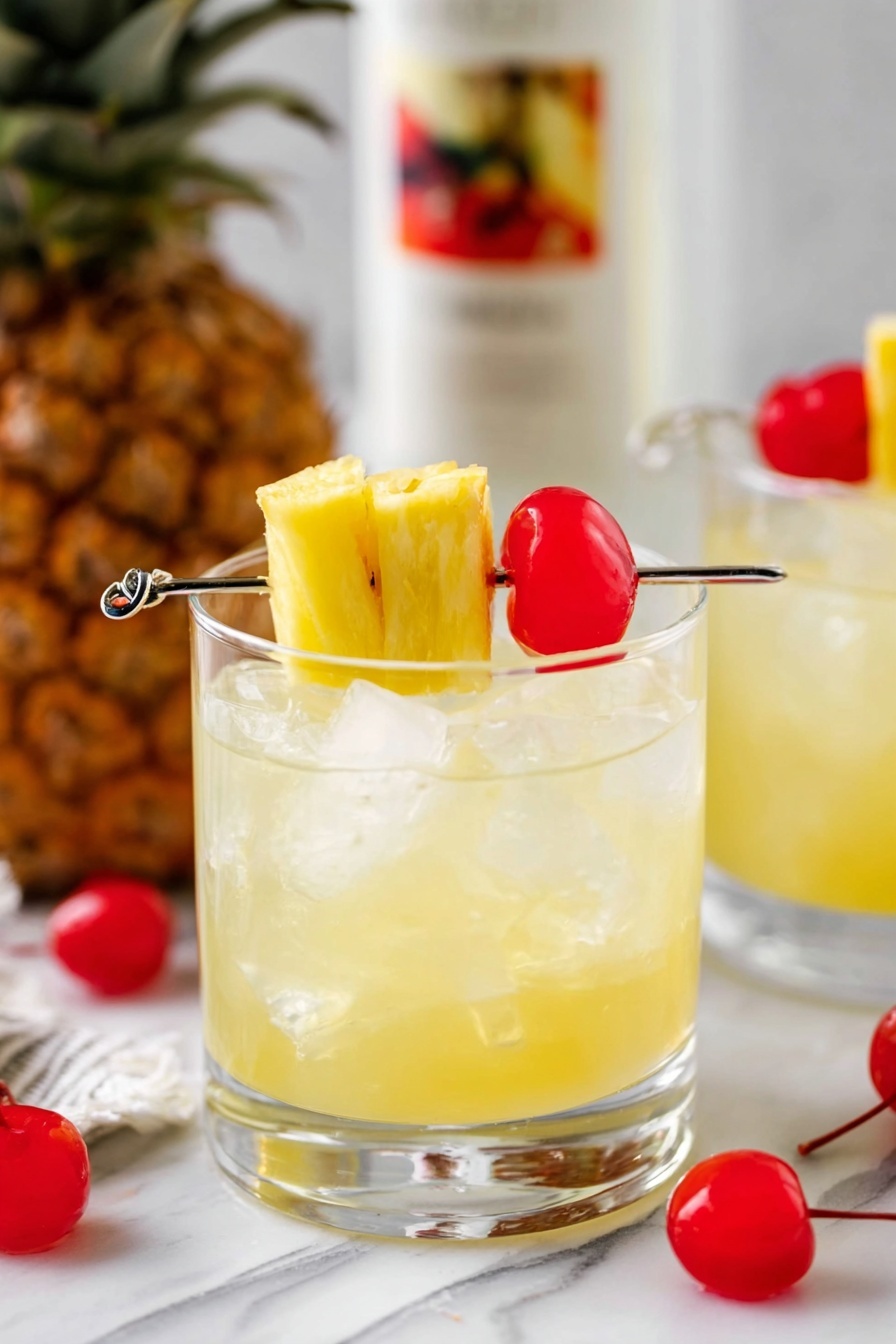 A clear glass filled with a light yellow drink contains several ice cubes visible inside. On top, a small skewer rests across the glass, holding two bright yellow pineapple cubes and one shiny red cherry. The glass is placed on a white marbled surface, with some scattered red cherries around it. In the background, there is a large pineapple and a blurred white bottle with a colorful label. Another similar glass is slightly visible to the right. photo taken with an iphone --ar 2:3 --v 7