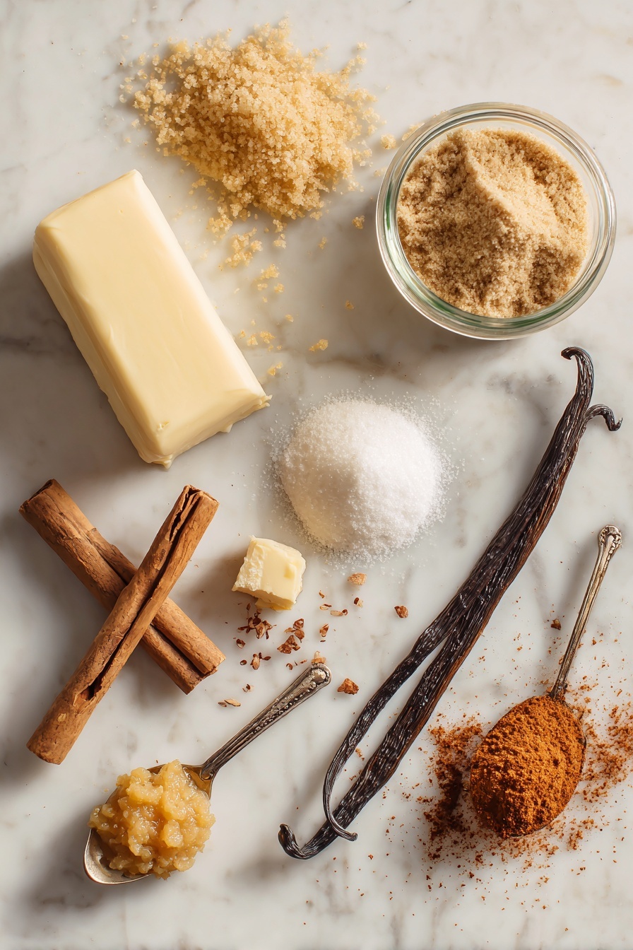 Flat lay of a stick of unsalted butter, a small pile of packed brown sugar, a box of butterscotch instant pudding mix, a small glass bottle of cream soda, a fresh vanilla bean pod with a spoonful of vanilla extract, a tiny heap of golden ginger paste, a pinch of bright red cayenne powder, all beautifully arranged with a few scattered cinnamon sticks and a sprinkle of nutmeg, placed on a white marble surface, photo taken with an iphone --ar 2:3 --v 7
