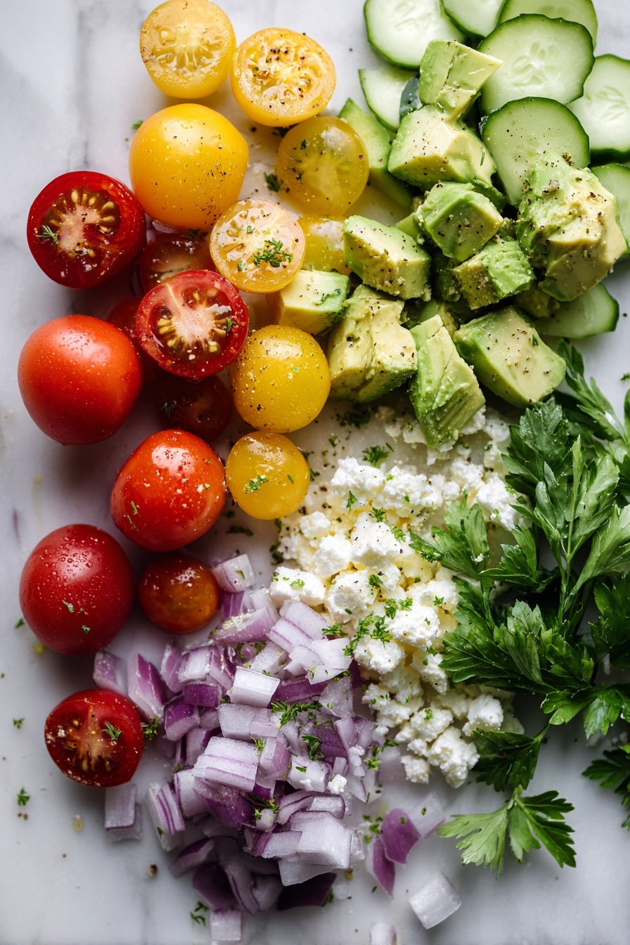 Flat lay of halved red and yellow cherry tomatoes, chopped bright green avocado with a drizzle of lemon juice, peeled and chopped pale green English cucumbers, finely chopped red onion, crumbly white feta cheese, and fresh green parsley sprigs, all beautifully arranged on a white marble surface, photo taken with an iphone --ar 2:3 --v 7