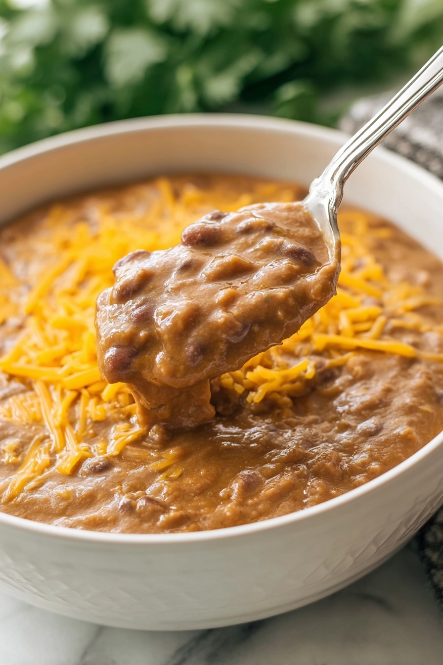 A close-up view of a white bowl filled with smooth refried beans topped with melted bright orange shredded cheddar cheese. A silver spoon holds a scoop of the beans mixed with the melted cheese above the bowl, showing the creamy texture and the soft layer of cheese melting into the beans. The bowl rests on a white marbled surface with soft green leaves blurred in the background. photo taken with an iphone --ar 2:3 --v 7