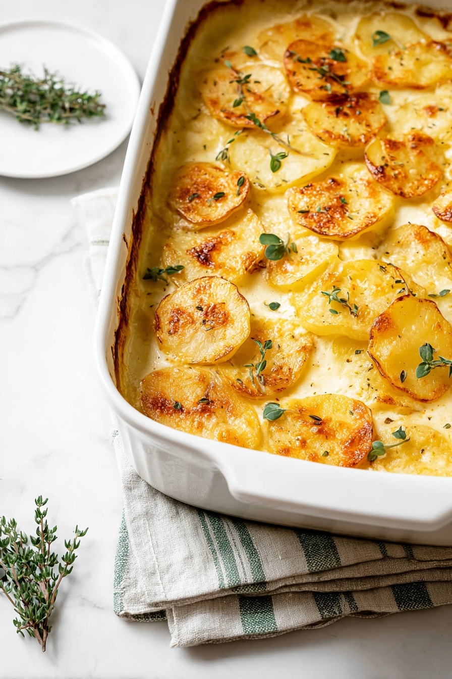 The image shows a close-up of a white rectangular baking dish filled with a creamy potato gratin. The top layer consists of golden-brown, thinly sliced potato pieces with a slightly crispy texture and small fresh green herb leaves scattered over them. The gratin sauce beneath is creamy and light yellow in color, seeming rich and smooth. The dish sits on a light grey cloth with green stripes, placed on a white marbled surface. In the background, there is a white round plate with a few sprigs of fresh green thyme. photo taken with an iphone --ar 2:3 --v 7