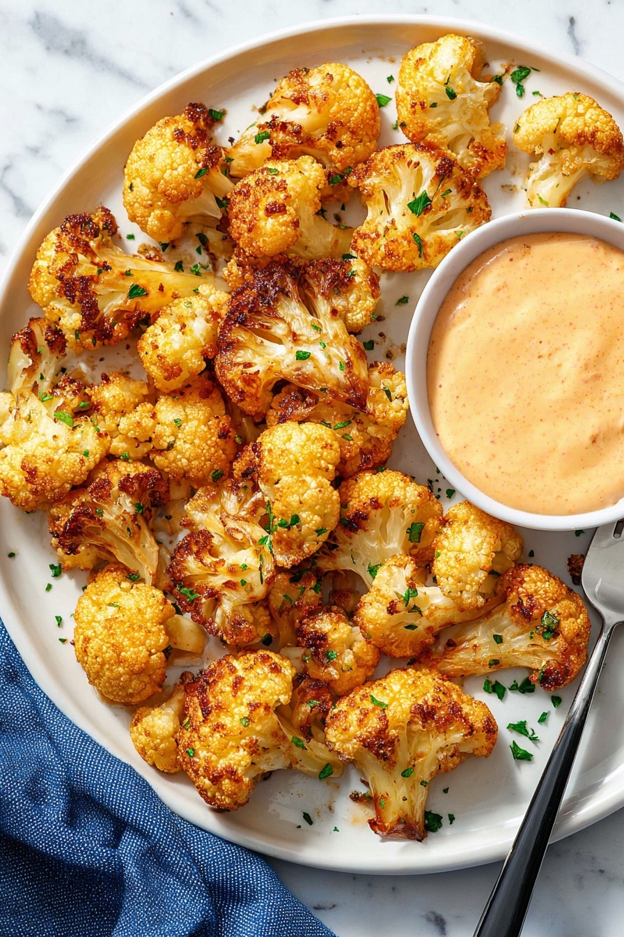 On a white plate set on a white marbled surface, there are many pieces of golden roasted cauliflower with a crispy texture and some charred spots. Small green herb leaves are scattered over the cauliflower. To the right side of the plate is a small grey bowl filled with creamy light orange dipping sauce. A woman's hand is dipping a piece of cauliflower into the sauce. A silver fork rests near the bowl on the plate. The lighting is bright and natural, showing the warm colors of the food clearly. photo taken with an iphone --ar 2:3 --v 7