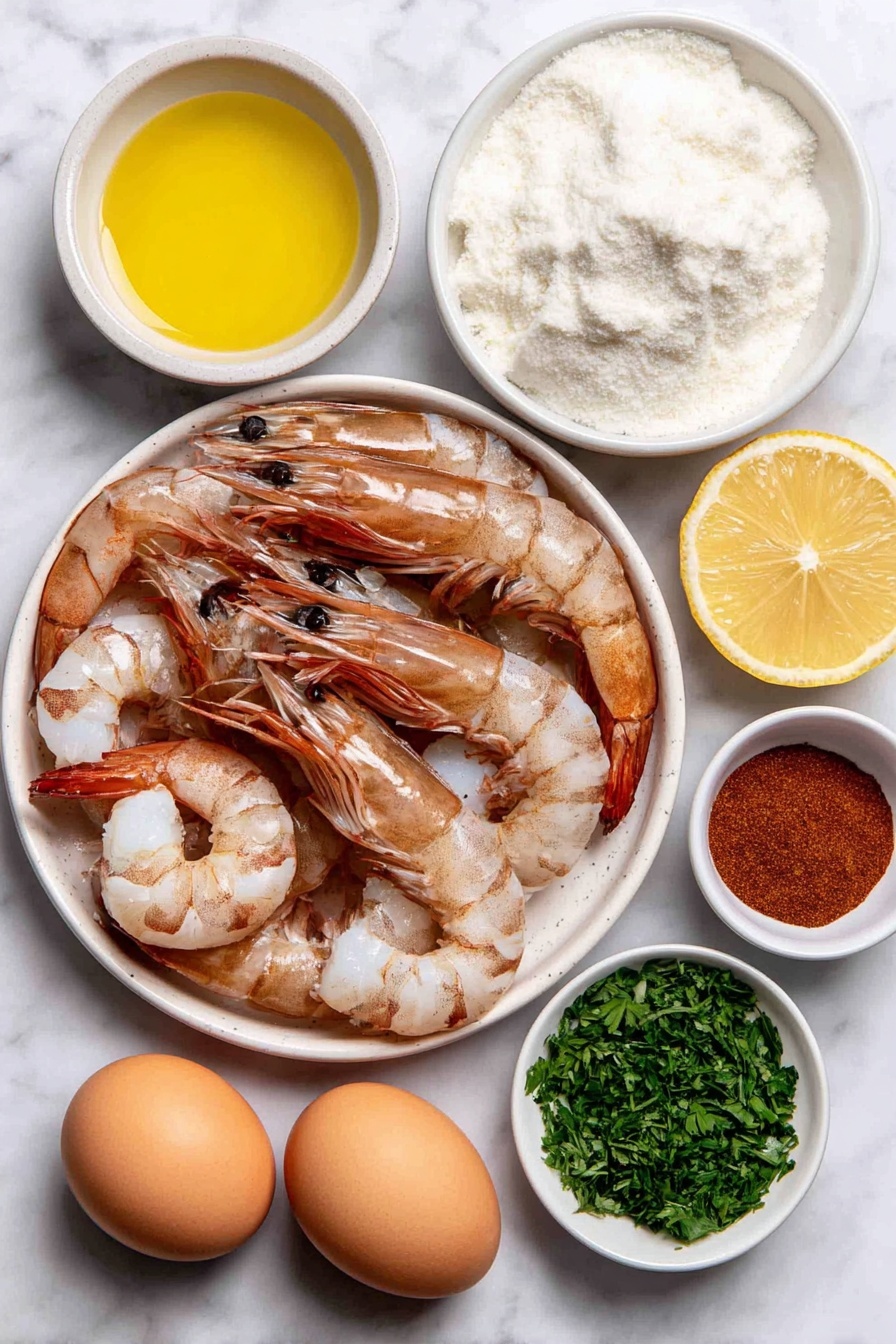 Flat lay of large raw shrimp with tails on, peeled and deveined, a small white bowl of olive oil, a small white bowl of fresh lemon juice with half a small lemon next to it, a small white bowl filled with cornstarch mixed with chili powder, salt, dried basil, pepper, and cumin, a small white bowl of panko breadcrumbs blended finely with sweetened shredded coconut flakes, three whole uncracked brown eggs, and a small pile of fresh chopped parsley on a simple white ceramic plate, all arranged in perfect symmetry placed on a clean white marble surface, soft natural light, photo taken with an iPhone, professional food photography style, fresh ingredients, white ceramic bowls, no bottles, no duplicates, no utensils, no packaging --ar 2:3 --v 7 --p awthu7i m7354615311229779997