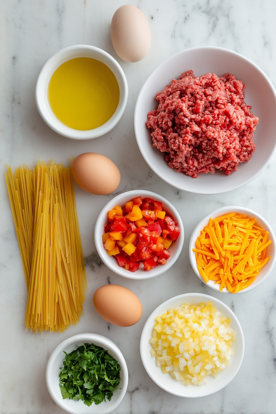 Flat lay of a small white ceramic bowl of golden olive oil, a mound of fresh raw lean ground beef, a small white bowl filled with finely chopped yellow onions, a small white bowl of warm red and orange diced Rotel tomatoes with juice, uncooked pale yellow spaghetti noodles arranged neatly, a small white bowl of bright orange shredded cheddar cheese, a small white bowl of fresh green chopped cilantro, and two smooth brown eggs placed whole and uncracked, all ingredients arranged symmetrically in perfect balance on a clean white marble surface, soft natural light, photo taken with an iPhone, professional food photography style, fresh ingredients, white ceramic bowls, no bottles, no duplicates, no utensils, no packaging --ar 2:3 --v 7 --p m7354615311229779997