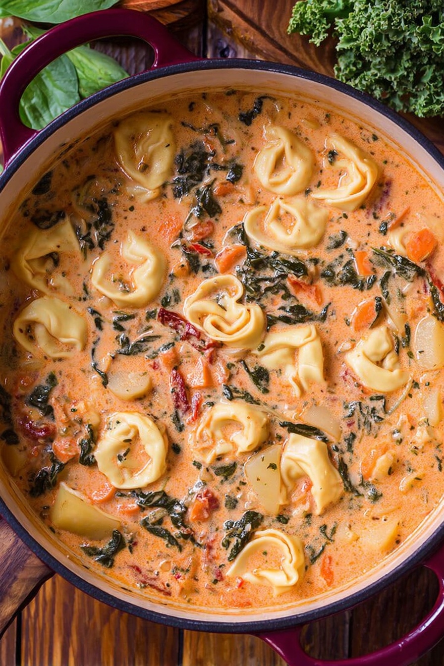 A large pot is filled with creamy tortellini soup that has three main layers of ingredients: the top layer shows spinach leaves in dark green, carrot slices in bright orange, and bits of sun-dried tomatoes in red. The middle layer consists of many cheese-filled tortellini pasta in pale yellow with soft textures, partly covered by the creamy orange-pink broth. The bottom layer is mostly submerged, showing chunks of potatoes in light beige mixed into the sauce. The pot has a burgundy handle, and the pot’s inside edges are black. The pot sits on a wooden surface with some green leafy herbs visible in the top corner. photo taken with an iphone --ar 2:3 --v 7