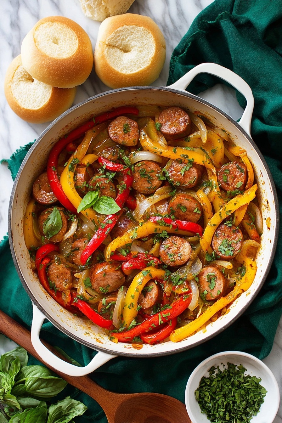 A white pan filled with sliced brown sausage pieces mixed with long yellow and red pepper strips and softened white onion slices, all coated in a light brown sauce. Bright green basil leaves and chopped green herbs are scattered on top, adding fresh color. The pan rests on a dark green cloth on a white marbled surface. Surrounding the pan are three light brown small buns, and there is a wooden spoon placed beside the pan along with a small white bowl filled with chopped green herbs. Photo taken with an iphone --ar 2:3 --v 7
