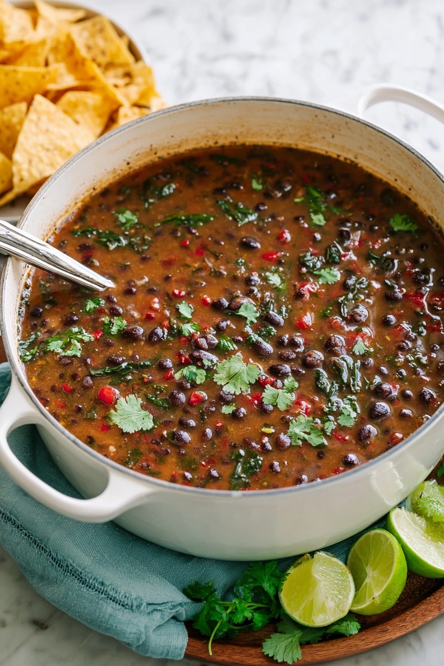 This image shows a white pot filled with a thick mix of black beans, small red pepper pieces, and greens in a brownish broth, topped with fresh cilantro leaves scattered across the surface. A shiny metal spoon is resting inside the pot on the left side, partially submerged. The pot is sitting on a light blue cloth on a round wooden tray, with lime wedges placed near the bottom right corner of the image. The background is a white marbled surface, and tortilla chips in soft gold color are placed in the top left background. Photo taken with an iphone --ar 2:3 --v 7