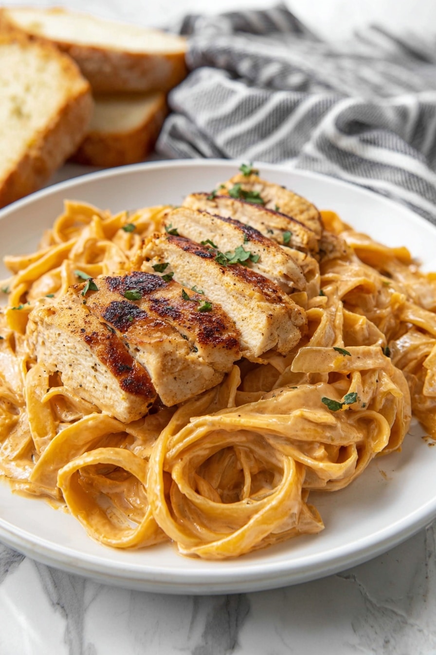 Cajun Chicken Pasta - A white pan holds a dish with three main layers. The bottom layer is a creamy, light beige sauce covering the whole pan. Above the sauce, there is a nest of flat fettuccine pasta in a light golden color, tangled together. On the top layer, there are several pieces of grilled chicken with a golden-brown, slightly charred surface, arranged evenly around the pan. Small bits of green herbs sprinkle the chicken and pasta, adding a touch of color. The pan rests on a white marbled surface with a blue and white striped cloth beside it. Photo taken with an iphone --ar 2:3 --v 7
