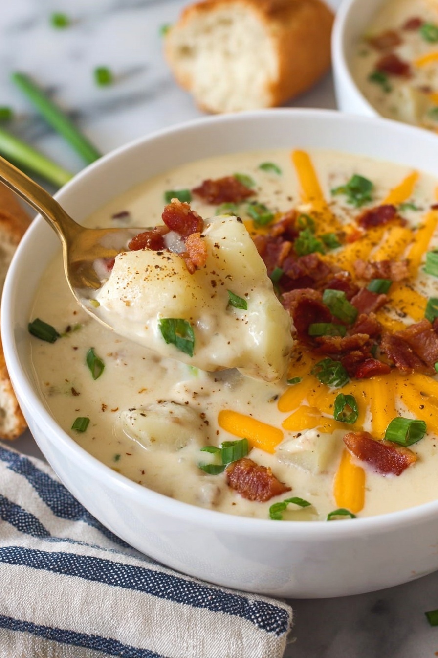 potato soup - Two white bowls filled with creamy white soup are shown from above. Each bowl has a layer of shredded orange cheddar cheese sprinkled on top, mixed with small pieces of crispy brown bacon and chopped green onions. The soup's surface is smooth and thick, with a few specks of brown seasoning scattered lightly. Both bowls have a gold spoon with a branch-like handle resting inside. Around the bowls, there are small pieces of bread with a golden crust placed on a white marbled surface with a striped cloth underneath one bowl. Some cheese and green onion bits are scattered on the surface nearby. photo taken with an iphone --ar 2:3 --v 7
