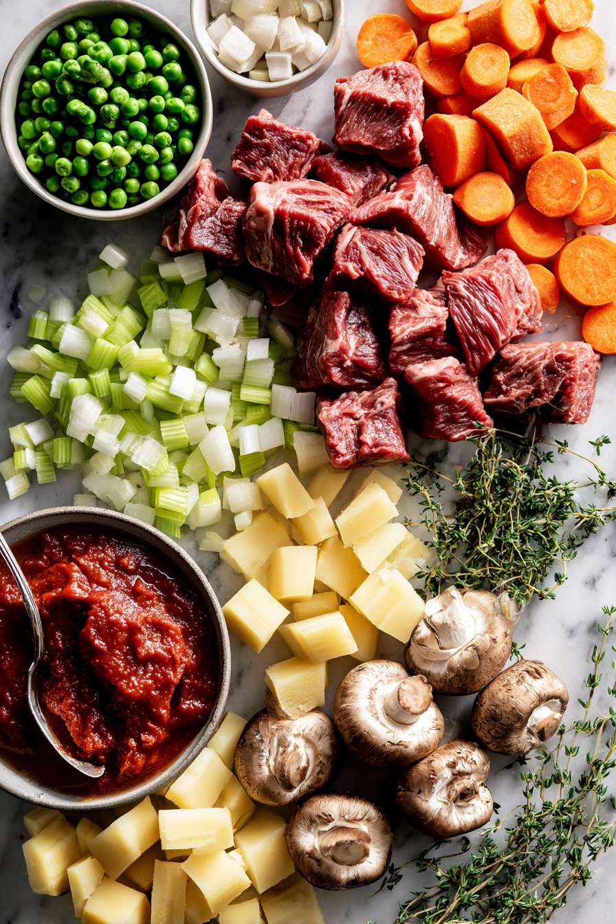 vegetable beef soup - Flat lay of fresh cubed stewing beef with marbled fat, whole orange carrots sliced into rounds, bright green celery sticks cut into slices, chopped white onion with delicate layers visible, small brown mushrooms halved showcasing their texture, vibrant green frozen peas still frosty, two golden-yellow potatoes cut into cubes, a small bunch of fresh thyme sprigs with tiny green leaves, and a spoonful of rich red tomato paste with a glossy surface, placed on white marbled surface, photo taken with an iphone --ar 2:3 --v 7