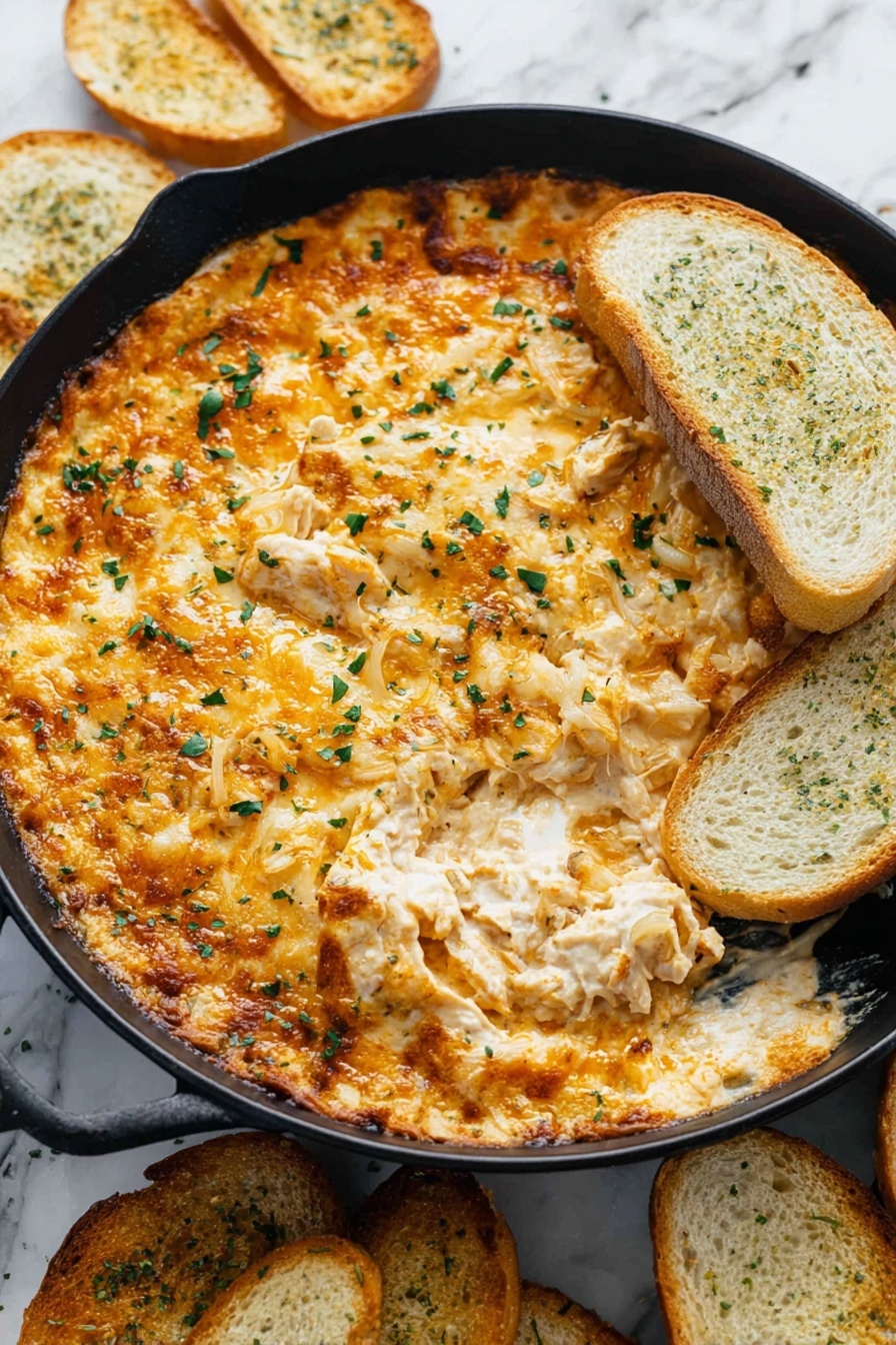A round black skillet filled with a cheesy dip that has a golden brown, slightly crispy top layer sprinkled with small green herb pieces. The dip shows creamy white and orange shades with visible soft chunks inside, likely onions or cheese. Several toasted white bread slices with herb seasoning are partially dipped into the skillet on the right side, while more bread slices are scattered around the skillet on a white marbled surface. The texture of the dip appears smooth with some melted cheese strands and slightly browned spots near the edges. Photo taken with an iphone --ar 2:3 --v 7