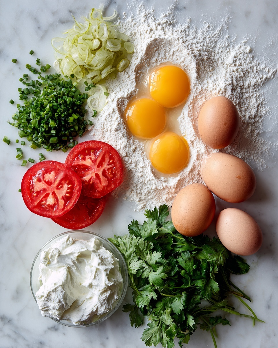 Flat lay of fresh whole eggs, finely chopped green onions, vibrant cilantro sprigs, bright red tomato wedges, creamy white labneh dollops, crisp pickle spears, and a small mound of white flour, all beautifully spread out and layered on a white marble surface, photo taken with an iphone --ar 2:3 --v 7