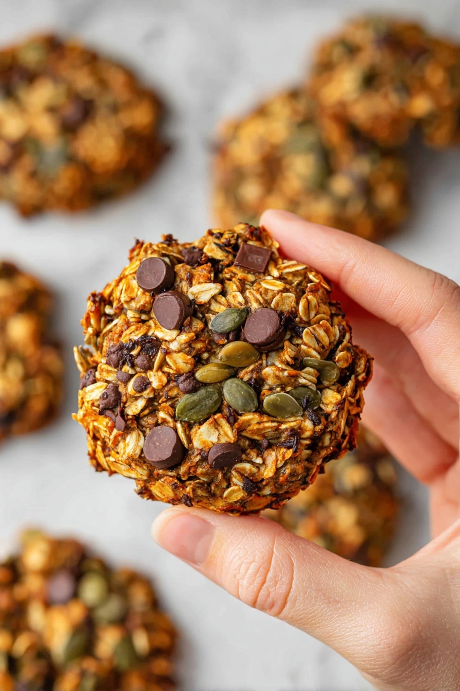 A close-up of a round, thick oat cookie being held by a woman's hand with natural skin tone, showing layers of golden-brown toasted oats mixed with dark chocolate chips and green pumpkin seeds, all tightly packed together forming a rough textured surface. In the background, more of these oat cookies are blurred out on a white marbled surface, creating a warm and inviting feel. Photo taken with an iphone --ar 2:3 --v 7