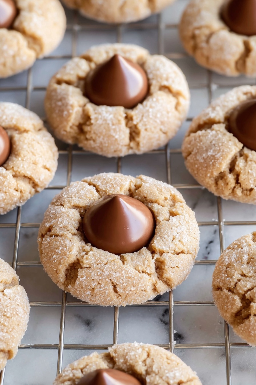 The image shows several round cookies placed on a metal cooling rack over a white marbled surface. Each cookie has a rough, cracked texture with a sugar-coated light brown top layer. In the center of every cookie, there is a smooth, milk chocolate dollop that stands out with its glossy, rounded shape. The cookies are evenly spaced, with noticeable cracks radiating from the chocolate center, giving them a rustic and homemade appearance. photo taken with an iphone --ar 2:3 --v 7