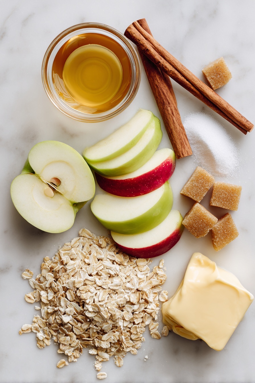 Flat lay of fresh apple slices with their bright red and green skins, golden brown packed brown sugar crystals, old fashioned oats scattered naturally, warm cinnamon sticks, a small mound of white granulated sugar, a drizzle of smooth vanilla extract in a glass bottle, and a chunk of creamy melted butter with a rich yellow hue, all beautifully arranged on a white marble surface, photo taken with an iphone --ar 2:3 --v 7
