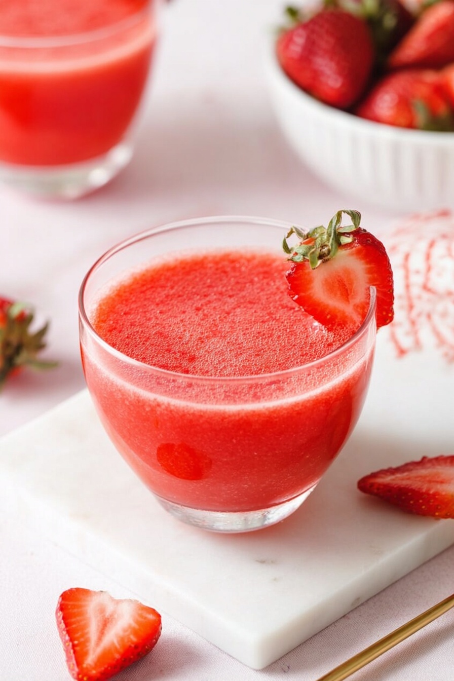 A clear glass cup filled with bright red, smooth strawberry drink, topped with a small frothy layer, and a fresh strawberry slice placed on the rim. Surrounding the glass on a white marbled surface are several strawberry pieces, some whole and some sliced. In the background, another glass with the same strawberry drink is visible, along with a white bowl full of strawberries and a gold spoon lying beside the glass. photo taken with an iphone --ar 2:3 --v 7
