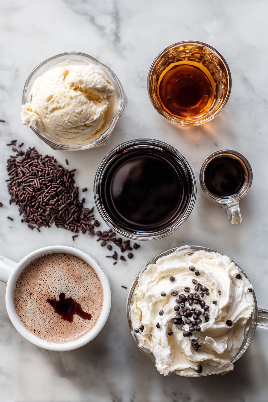 Flat lay of a rich scoop of creamy vanilla ice cream, a small pool of glossy chocolate syrup, a mound of dark chocolate sprinkles, a shot glass filled with deep amber Kahlua, a smaller glass with dark creme de cacao liqueur, a cup of steaming hot chocolate with a smooth surface, and a swirl of fluffy whipped cream topped with mini chocolate chips, placed on a white marble surface, photo taken with an iphone --ar 2:3 --v 7