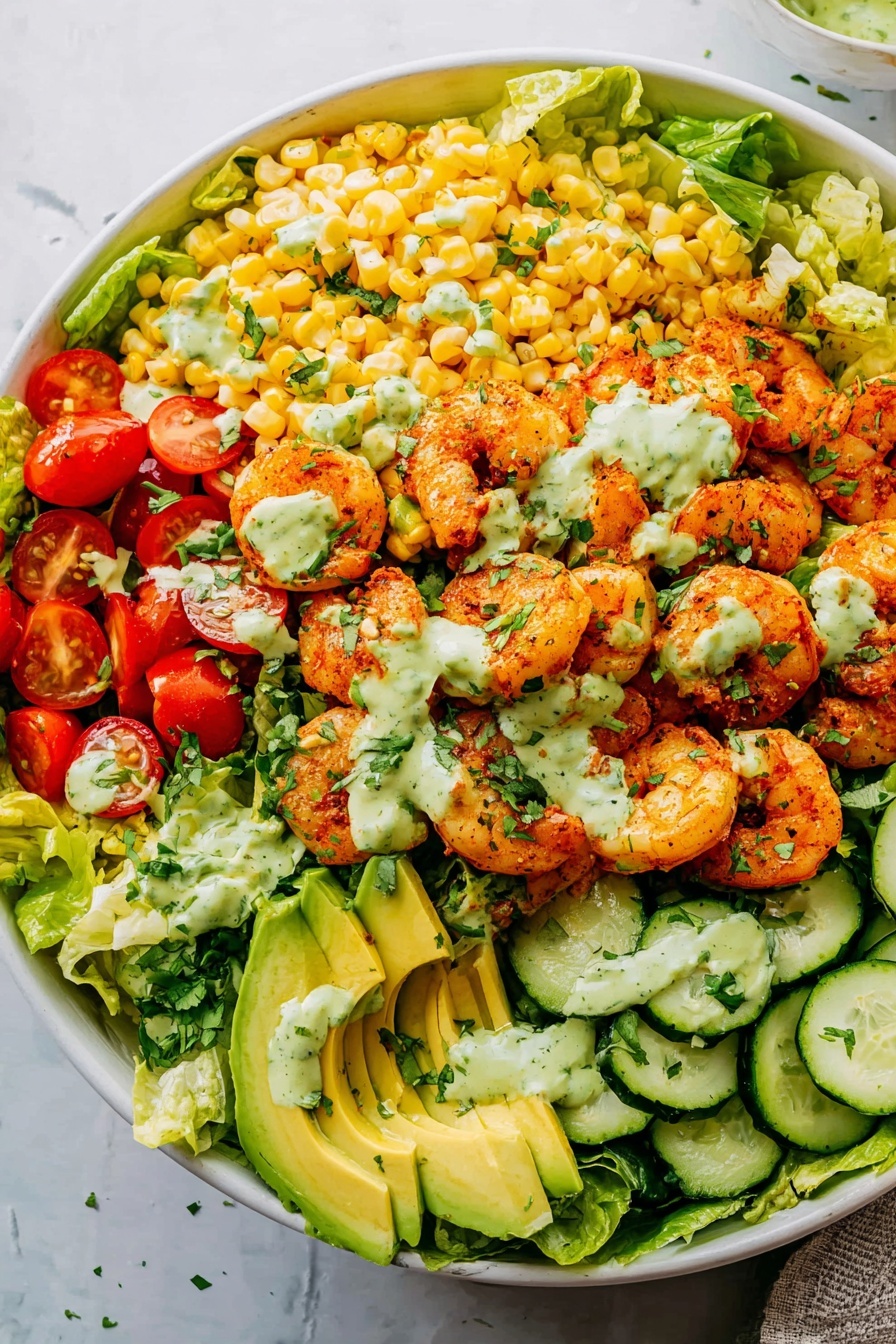 A large white bowl filled with a colorful layered salad placed on a white marbled surface. The bottom layer is fresh green lettuce leaves covering the bowl. On top of the lettuce, there are sections of bright yellow corn kernels, sliced pale green cucumbers, and halved red cherry tomatoes placed around the bowl. In the center, there is a pile of cooked orange shrimp with slightly charred edges, topped with a light green creamy dressing drizzled over the shrimp and vegetables. On top of the shrimp and near the center, there are slices of ripe avocado with a smooth green texture, also drizzled with the dressing. Chopped green herbs, possibly cilantro, are scattered throughout the salad, adding a fresh touch. Photo taken with an iphone --ar 2:3 --v 7
