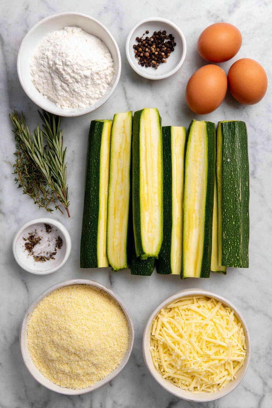 Flat lay of two medium fresh zucchinis cut into thick sticks, a small white ceramic bowl of all-purpose flour, a few sprigs of fresh Italian seasoning herbs, a small white ceramic bowl of coarse salt, a small white ceramic bowl of cracked black peppercorns, two whole uncracked large brown eggs, a small white ceramic bowl of clear water, a small white ceramic bowl filled with golden Italian breadcrumbs, a small white ceramic bowl with finely grated pale yellow parmesan cheese, placed on a clean white marble surface, soft natural light, photo taken with an iPhone, professional food photography style, fresh ingredients, white ceramic bowls, no bottles, no duplicates, no utensils, no packaging --ar 2:3 --v 7 --p awthu7i m7354615311229779997