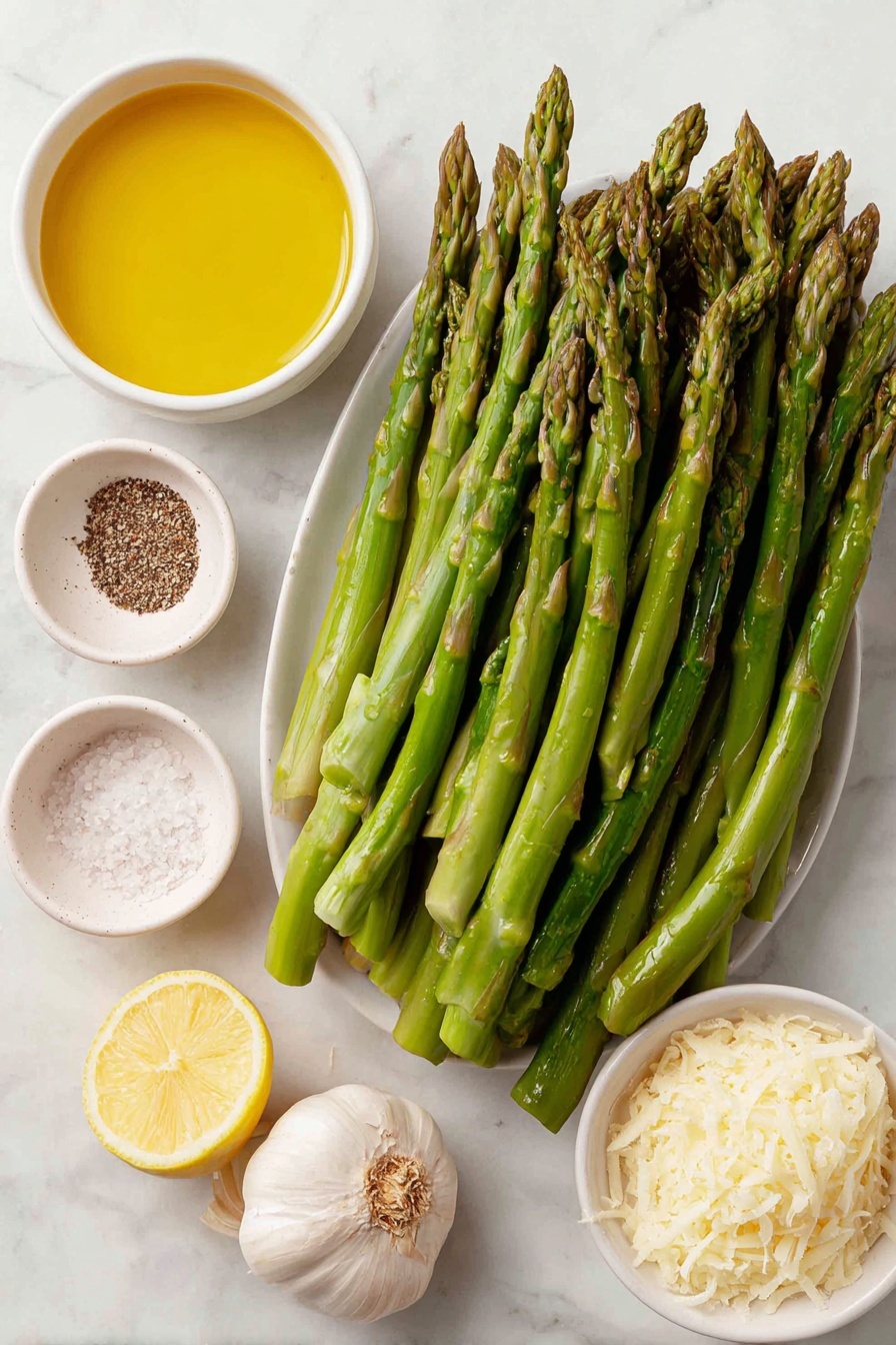 Flat lay of fresh green asparagus spears neatly arranged beside a small white bowl of golden extra virgin olive oil, a tiny white bowl containing coarse sea salt, another small white bowl with freshly ground black pepper, a whole garlic bulb with one clove finely minced next to it, a small white bowl filled with bright yellow lemon juice, and a small white bowl holding freshly grated pale ivory parmesan cheese, all elements fresh and natural, perfectly balanced and symmetrical, placed on a clean white marble surface, soft natural light, photo taken with an iPhone, professional food photography style, fresh ingredients, white ceramic bowls, no bottles, no duplicates, no utensils, no packaging --ar 2:3 --v 7 --p awthu7i m7354615311229779997