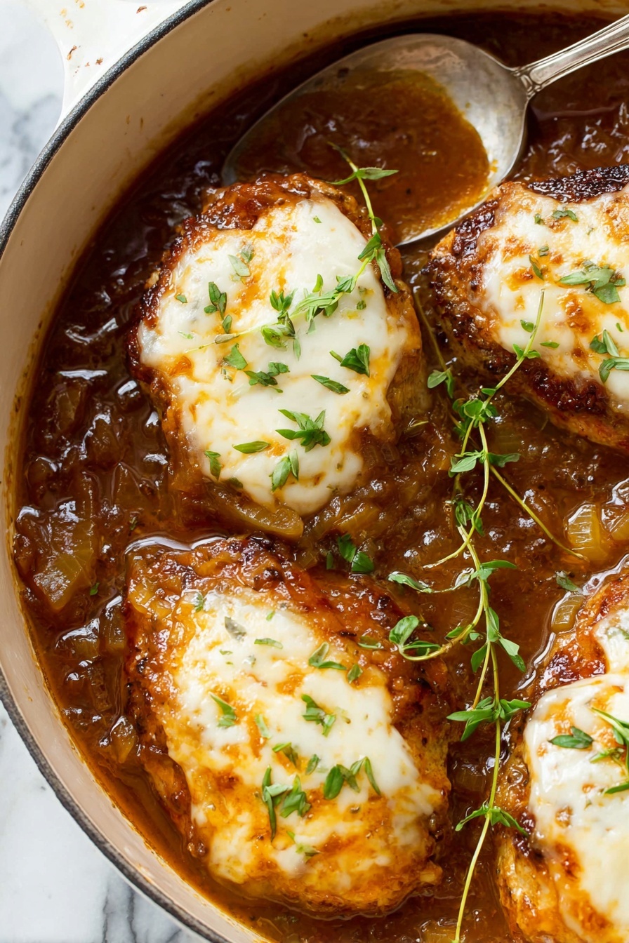 The dish is shown in a white cast iron pan filled with three thick pieces of meat topped with melted, creamy white cheese. The meat is surrounded by a glossy, rich brown sauce with visible small onion slices and sprinkled with fresh green herb leaves. The top layer of cheese is soft and slightly browned in spots, while the sauce has a textured, almost caramelized look with varying shades of dark golden brown. The background is a white marbled texture, and a silver spoon can be seen faintly in the upper area outside the pan. photo taken with an iphone --ar 2:3 --v 7