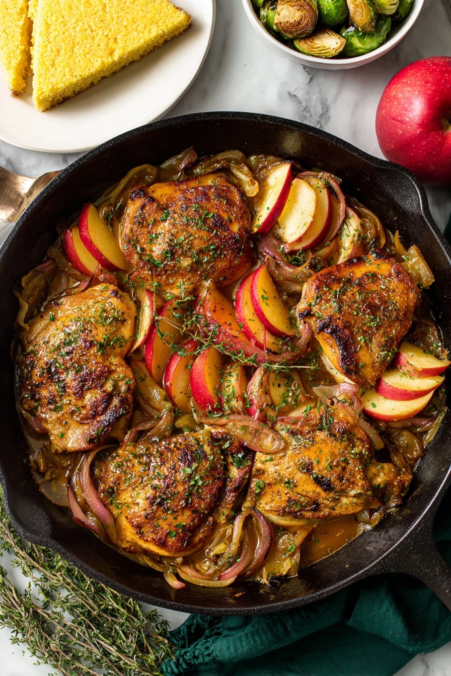 A black skillet filled with six browned, cooked pieces of chicken layered on top of a sauce with thin, curved slices of red apple and onion scattered throughout; the chicken is sprinkled with small green herb pieces, and to the left side of the skillet, a small bunch of fresh herbs rests against the edge. Above the skillet, a white plate holds two triangular pieces of yellow cornbread, and to the right, a red apple and a white bowl with green and brown cooked Brussels sprouts are partially visible, all placed on a white marbled surface with a dark green cloth beneath the skillet. Photo taken with an iphone --ar 2:3 --v 7