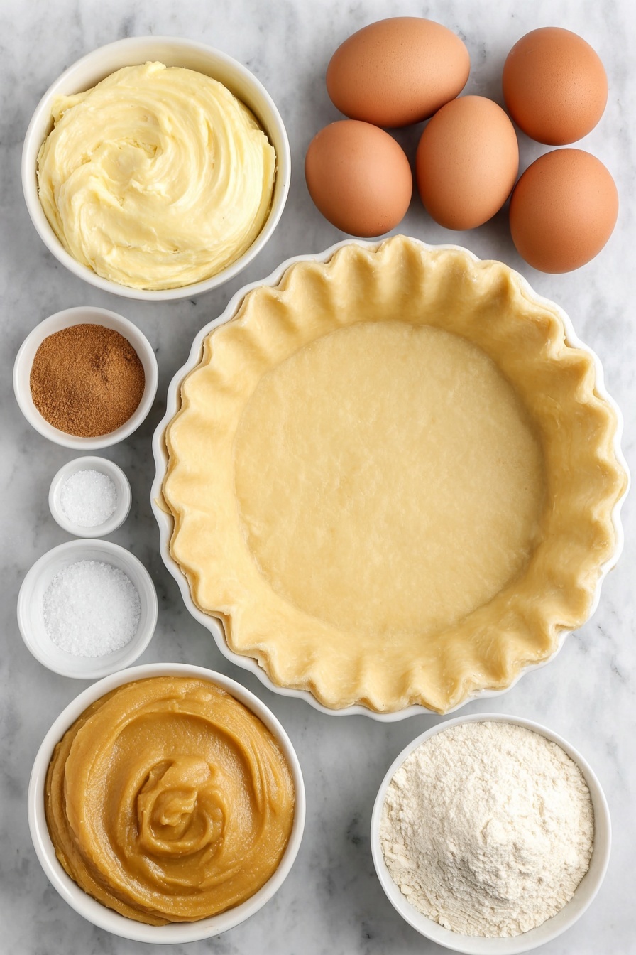 Flat lay of a small unbaked 9-inch pie crust in a simple white ceramic pie dish, a small white bowl filled with smooth deep orange pumpkin puree, a small white bowl containing thick pale caramel-colored sweetened condensed milk, two whole large brown eggs with clean shells, a small white bowl holding warm brown pumpkin pie spice powder, and a small white bowl with fine white salt crystals, all arranged in perfect symmetry and balanced proportions, placed on a clean white marble surface, soft natural light, photo taken with an iPhone, professional food photography style, fresh ingredients, white ceramic bowls, no bottles, no duplicates, no utensils, no packaging --ar 2:3 --v 7 --p m7354615311229779997