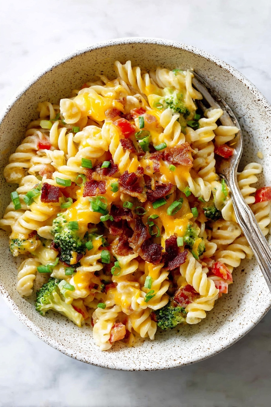 A white speckled bowl filled with three main layers: the bottom layer is spiral pasta in a light cream color, mixed with small pieces of bright green broccoli and bits of red bell pepper. The middle layer is melted yellow cheese scattered unevenly over the pasta, creating a smooth and slightly shiny texture. The top layer consists of small dark brown crispy bacon pieces and bright green chopped scallions sprinkled all over. A silver fork rests inside the bowl, angled towards the back, against a white marbled surface. Photo taken with an iphone --ar 2:3 --v 7