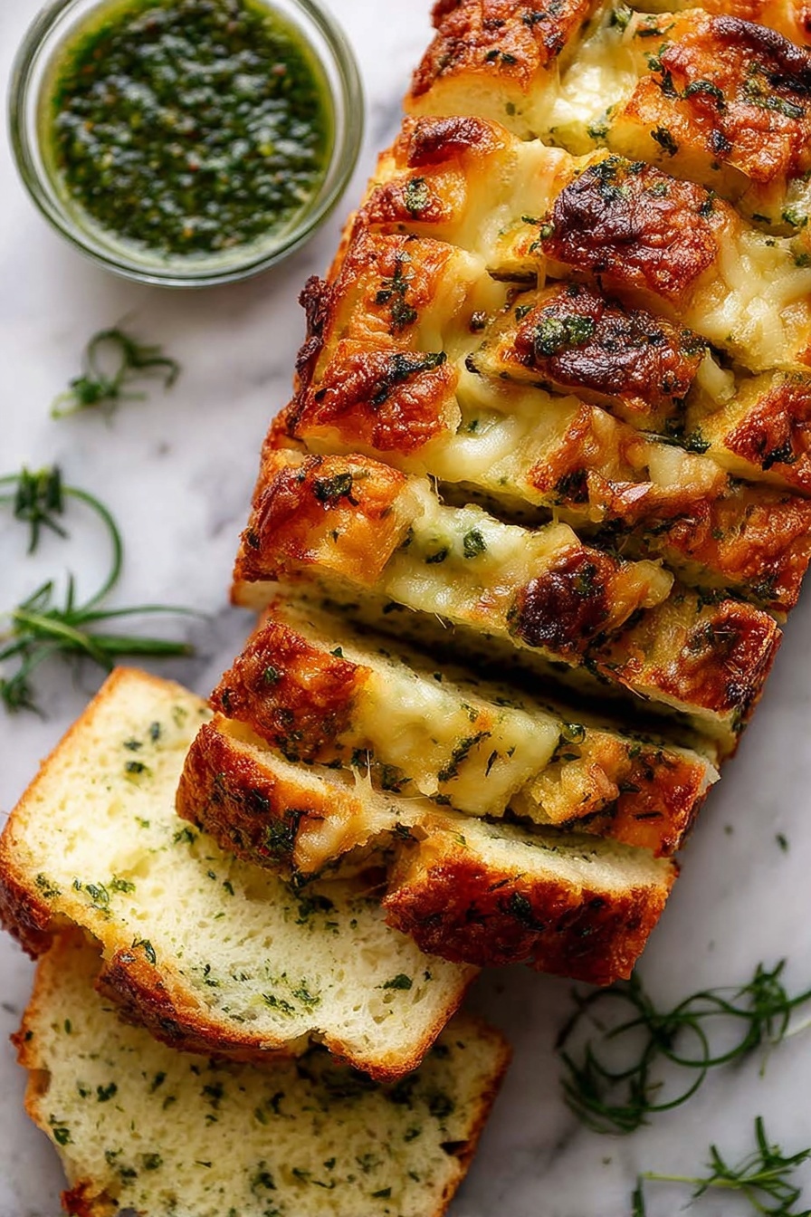 The image shows a loaf of herb and cheese bread sliced into about seven thick pieces. The bread has a golden brown crust with visible melted, slightly browned cheese layers on top, mixed with green herbs scattered throughout each slice. The inside of the bread is light yellow with specks of herbs and a soft, airy texture. The slices rest on a white marbled surface, and to the left side, there is a small clear glass bowl with a green herb sauce or pesto. Some green herbs are also placed on the background around the bread. The photo taken with an iphone --ar 2:3 --v 7