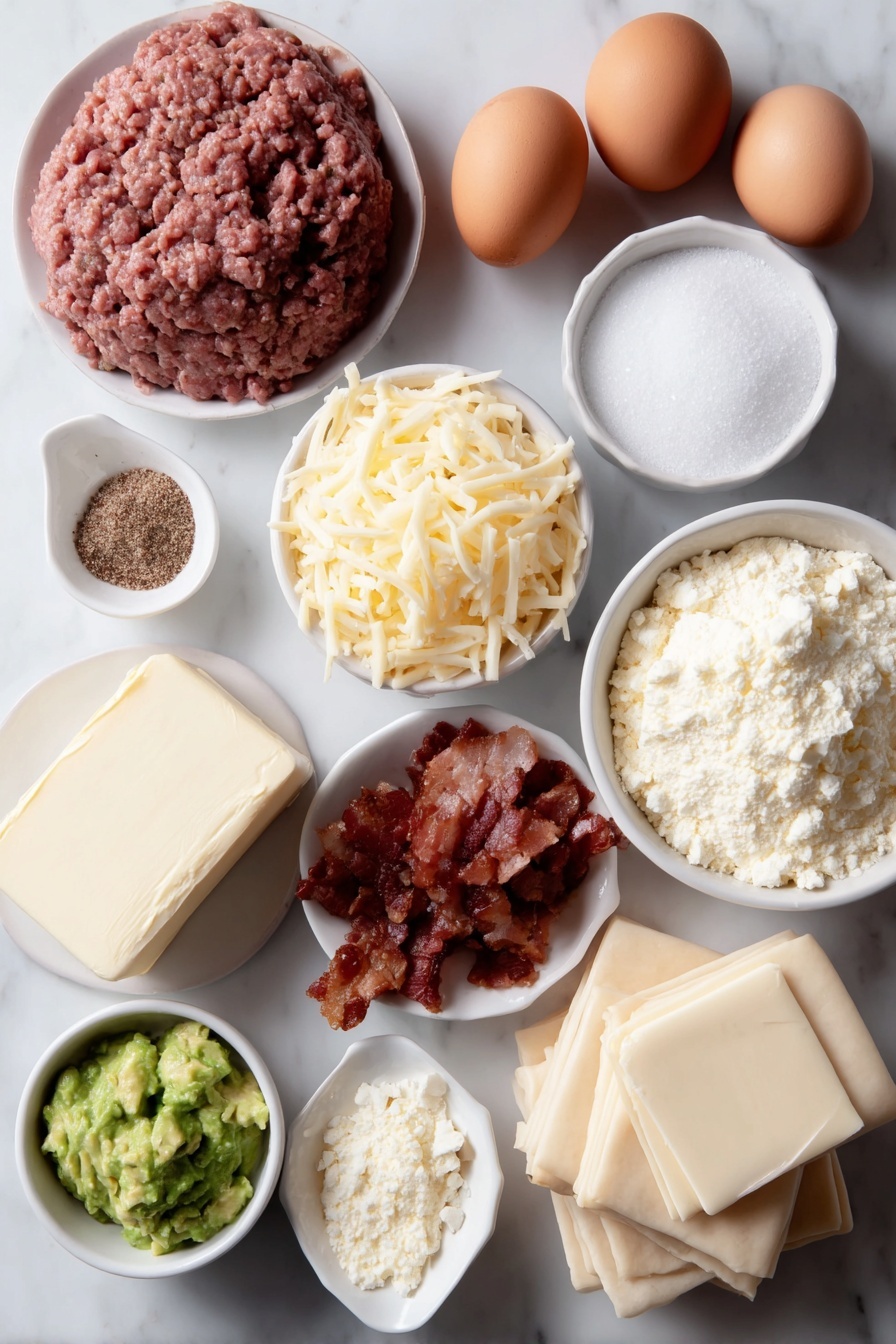 Flat lay of a small white ceramic bowl of unsalted butter, a mound of raw breakfast sausage, a few whole uncracked brown eggs, a small white ceramic bowl of kosher salt, a small white ceramic bowl of fresh ground black pepper, a small white ceramic bowl of garlic powder, a small white ceramic bowl of finely grated russet potato, neatly stacked smooth square egg roll wrappers, a small white ceramic bowl filled with shredded sharp cheddar cheese, a small pile of cooked and chopped crispy bacon, a small white ceramic bowl of finely chopped avocado, and a small white ceramic bowl of vegetable oil, all arranged with perfect symmetry on a clean white marble surface, soft natural light, photo taken with an iPhone, professional food photography style, fresh ingredients, white ceramic bowls, no bottles, no duplicates, no utensils, no packaging --ar 2:3 --v 7 --p m7354615311229779997