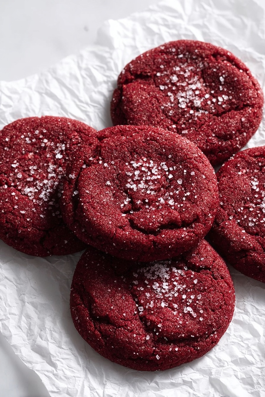 There are five large, round red velvet cookies with a slightly cracked texture placed on a sheet of wrinkled white parchment paper. Each cookie has coarse white sugar crystals sprinkled in the center and on the edges, adding a sparkling effect. The cookies have a rich deep red color and a soft, slightly rough surface. The parchment paper rests on a white marbled surface, giving a clean and bright background to the cookies. photo taken with an iphone --ar 2:3 --v 7