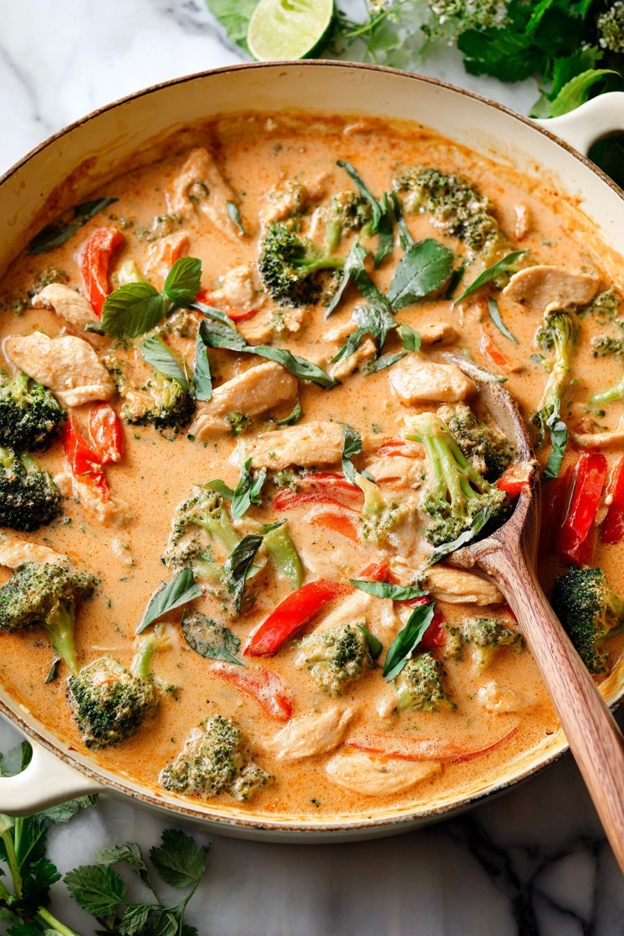 The dish is a creamy curry in a large white pan, filled with thick light orange sauce. Inside the sauce, there are three main layers of ingredients: bright green broccoli florets scattered throughout, bright red bell pepper pieces midsize, and tender light brown strips of chicken. Fresh dark green basil and parsley leaves are on top, adding a fresh look to the rich sauce. A wooden spoon dips into the pan from the bottom right corner, lifting some sauce and ingredients. The pan is placed on a white marbled surface with some green herbs placed around. photo taken with an iphone --ar 2:3 --v 7
