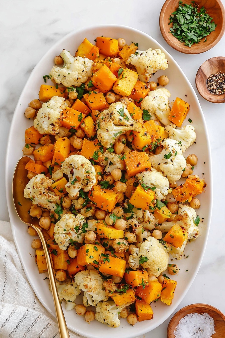 A large white oval plate on a white marbled surface holds a colorful mix of roasted cauliflower florets, bright orange cubed butternut squash, and round beige chickpeas all lightly seasoned with black pepper flakes. Small green parsley leaves are scattered evenly across the top for a fresh touch. A gold spoon rests inside the plate's left side, partially covered by the vegetables. Nearby, there are small wooden bowls, one with coarse salt and the other with more parsley. The scene is bright and clean, with a simple, fresh look photo taken with an iphone --ar 2:3 --v 7
