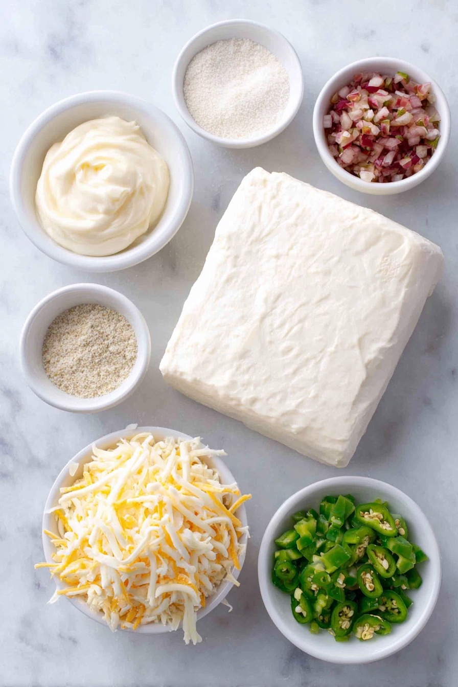 Flat lay of a block of smooth cream cheese, a small white bowl of creamy mayonnaise, a small white bowl with fine white garlic powder, a small white bowl with pale beige onion powder, a small white bowl of coarse white salt crystals, a small white bowl filled with chopped green tamed jalapeños, a small white bowl filled with chopped vibrant roasted red peppers, a small white bowl heaped with shredded white cheddar cheese, all arranged symmetrically on a clean white marble surface, soft natural light, photo taken with an iPhone, professional food photography style, fresh ingredients, white ceramic bowls, no bottles, no duplicates, no utensils, no packaging --ar 2:3 --v 7 --p m7354615311229779997