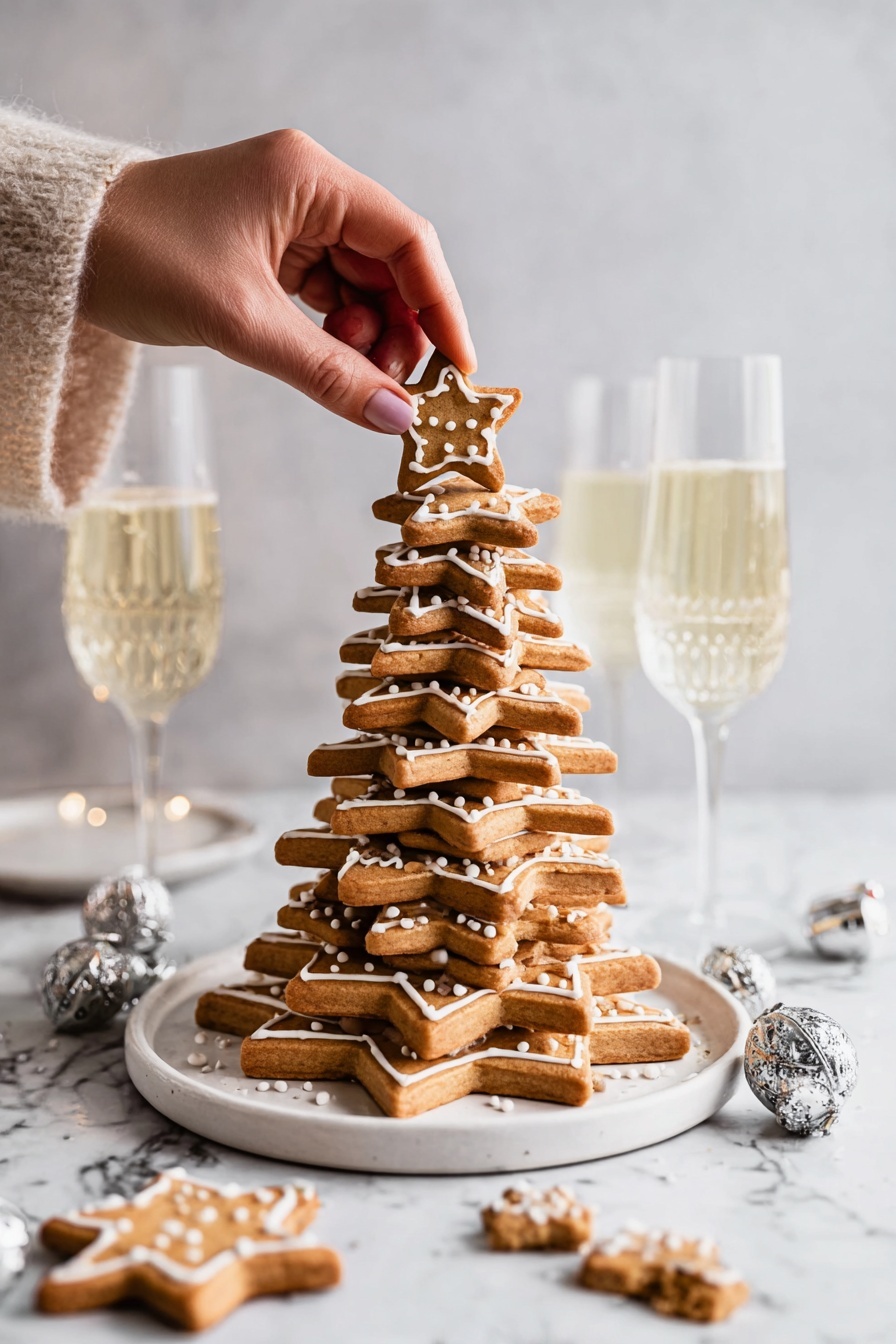 A stack of star-shaped cookies arranged into a tall cone, about twelve layers high, each cookie light brown with a slightly darker edge, decorated with simple white icing patterns of dots and lines around the edges. The cookies are placed on a white plate with a white marbled background. Around the plate are a few more star-shaped cookies with similar icing and small silver bells scattered nearby for decoration. Photo taken with an iphone --ar 2:3 --v 7