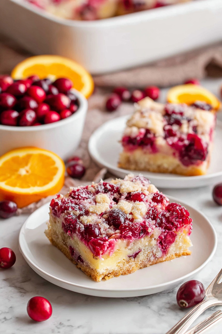 A close-up image shows a thick square slice of berry dessert being lifted from a white baking dish by a utensil held by a woman's hand. The dessert has three visible layers: a light golden crumbly crust at the bottom, a dense creamy middle layer, and a vibrant top layer filled with bright red berries mixed with dollops of a moist pale batter. The berries look juicy and slightly sunken into the mix, giving a textured look with red and white colors blending. The white baking dish sits on a white marbled surface, and crumbs are scattered around the removed slice. Photo taken with an iphone --ar 2:3 --v 7