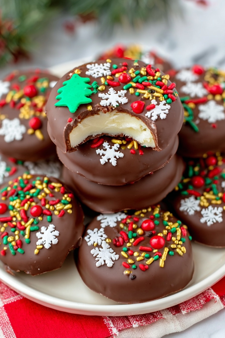 There is a stack of round chocolate-covered treats on a white tray with a red and white cloth underneath. Each treat has a thick dark brown chocolate coating topped with colorful festive sprinkles in red, green, white, yellow, and gold. One treat on top has a bite taken out, showing a creamy white layered inside. The top treat is decorated with small white snowflake shapes, a green Christmas tree shape, and red round sprinkles arranged in a pattern. The background is a white marbled texture. Photo taken with an iphone --ar 2:3 --v 7