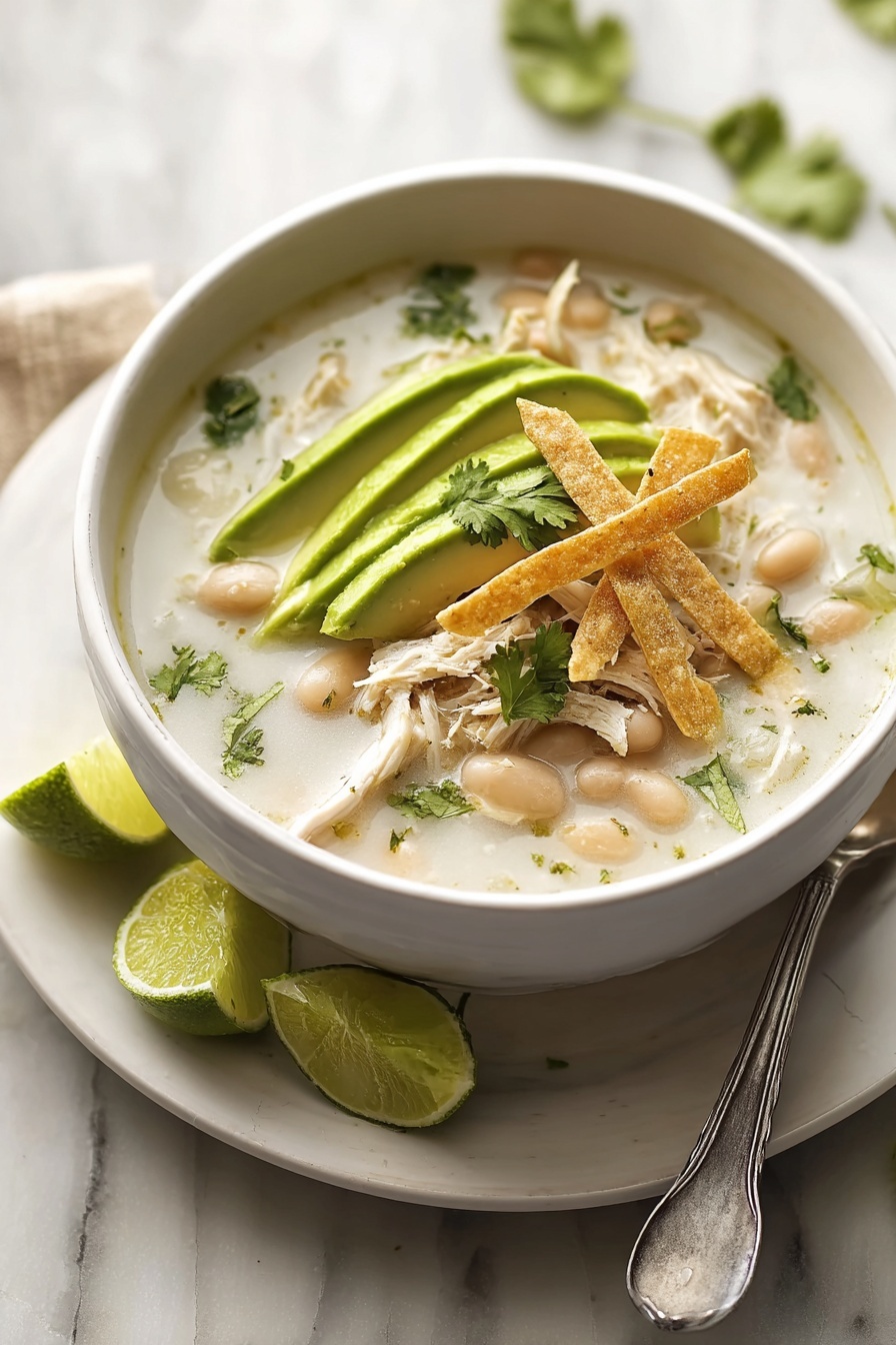 A white bowl filled with creamy white soup is placed on a white plate with a silver spoon beside it on a white marbled surface. The soup has shredded white chicken pieces and whole white beans scattered throughout, with chopped green herbs mixed in. On top, there are golden brown crispy tortilla strips and three bright green slices of avocado fanned out on one side, along with small sprigs of fresh green cilantro. Three lime wedges rest on the white plate in front of the bowl. Photo taken with an iphone --ar 2:3 --v 7