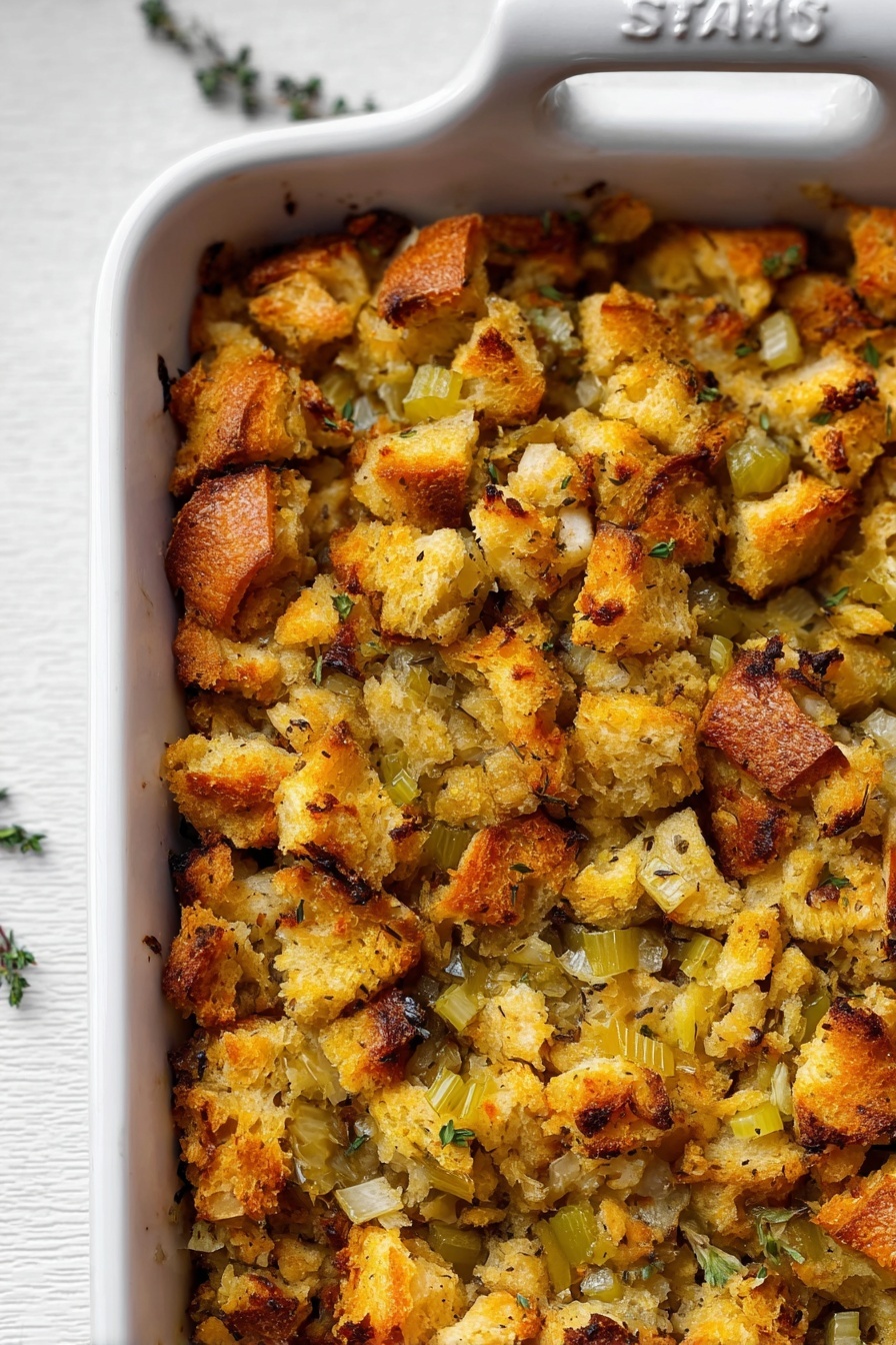 The image shows a close-up view of a dish filled with several layers of golden-brown toasted bread pieces mixed with small bits of green celery and seasoning black pepper sprinkled on top. The textures vary from crunchy and crispy to soft, with a few shiny herb sprigs, including rosemary and thyme, placed on the top left side of the dish. The food sits inside a simple white bowl, and the background is a smooth white marbled texture. Photo taken with an iphone --ar 2:3 --v 7