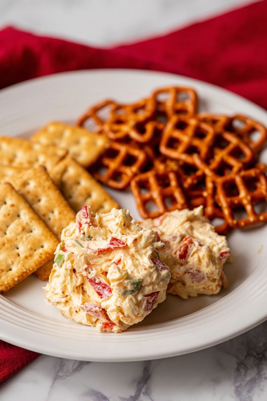 The image shows a white plate with two main sections: in the front there are three light brown crackers, two of which are topped with a creamy cheese spread mixed with visible red and green bits, giving it a colorful and textured look. Behind the crackers, there is a small pile of square-shaped pretzels with a deep orange-brown color and a criss-cross pattern. The plate sits on a white marbled surface with a soft red cloth partially visible in the background. photo taken with an iphone --ar 2:3 --v 7