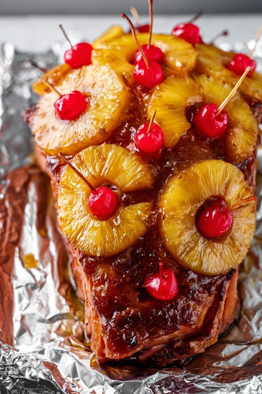 A cooked ham covered with shiny brown glaze, topped with multiple yellow pineapple rings arranged in a scattered pattern. Each pineapple ring holds a bright red maraschino cherry at the center, held in place by wooden toothpicks. The glaze looks thick and sticky, coating the ham and fruit evenly. The ham sits on crumpled silver foil, and the background is a white marbled surface. photo taken with an iphone --ar 2:3 --v 7