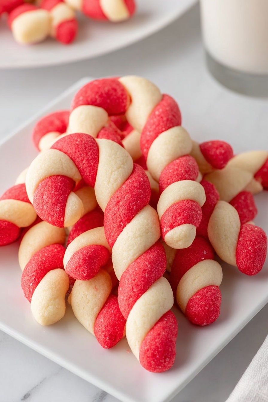 The image shows many twisted candy cane shaped cookies on a white square plate. Each cookie has two thick spiral layers: one is cream-colored with a smooth soft texture, and the other is bright red with the same smooth texture. The cookies are arranged in a slightly messy pile, overlapping each other. The background is a white marbled surface with another twisted cookie and a glass of milk visible in the distance. Photo taken with an iphone --ar 2:3 --v 7