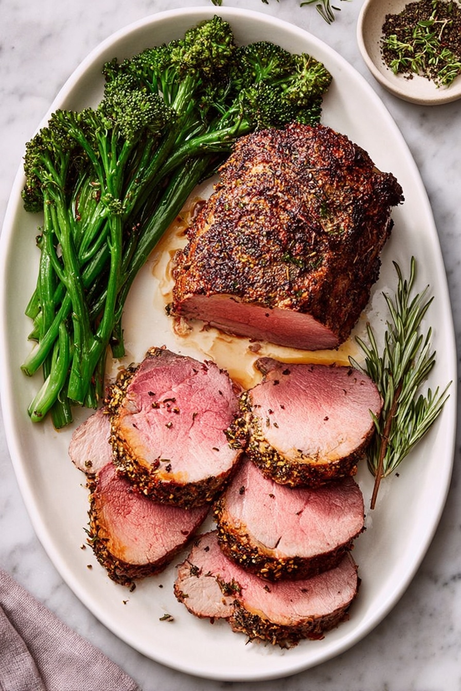 On a large white oval plate, there are two main parts: a whole roasted meat section on the right, which is dark brown and slightly crusted with herbs and spices, and several slices of the same meat arranged in a semi-circle below it, showing a pink center and browned edges with visible seasoning. On the left side of the plate is a bunch of bright green broccolini with a slightly shiny texture. Fresh green rosemary sprigs lie next to the meat, adding detail. The plate sits on a white marbled surface, and in the background, there is a small dish of ground black pepper and some fresh herbs. photo taken with an iphone --ar 2:3 --v 7
