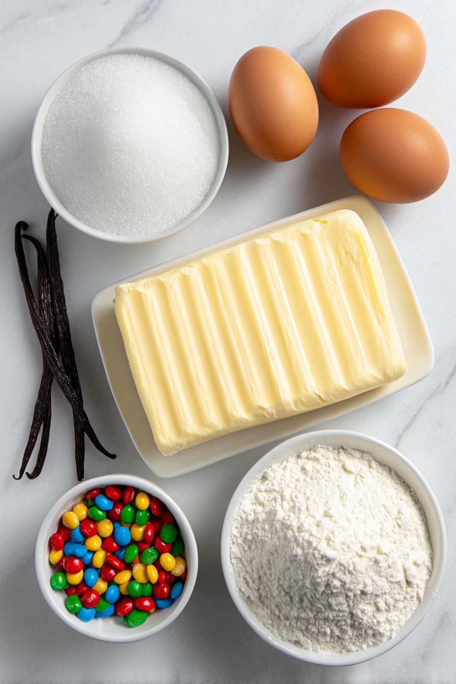 Flat lay of unsalted butter cut into a rectangular slab, two brown eggs with clean shells, a small white bowl of granulated sugar sparkling under natural light, a few whole vanilla beans beside a small white bowl of vanilla extract, a mound of all-purpose flour on white ceramic plate, a small white bowl filled with coarse sparkling sugar crystals, a small white bowl containing crushed colorful hard candies in small pebble-like pieces, arranged with perfect symmetry, placed on a clean white marble surface, soft natural light, photo taken with an iPhone, professional food photography style, fresh ingredients, white ceramic bowls, no bottles, no duplicates, no utensils, no packaging --ar 2:3 --v 7 --p m7354615311229779997