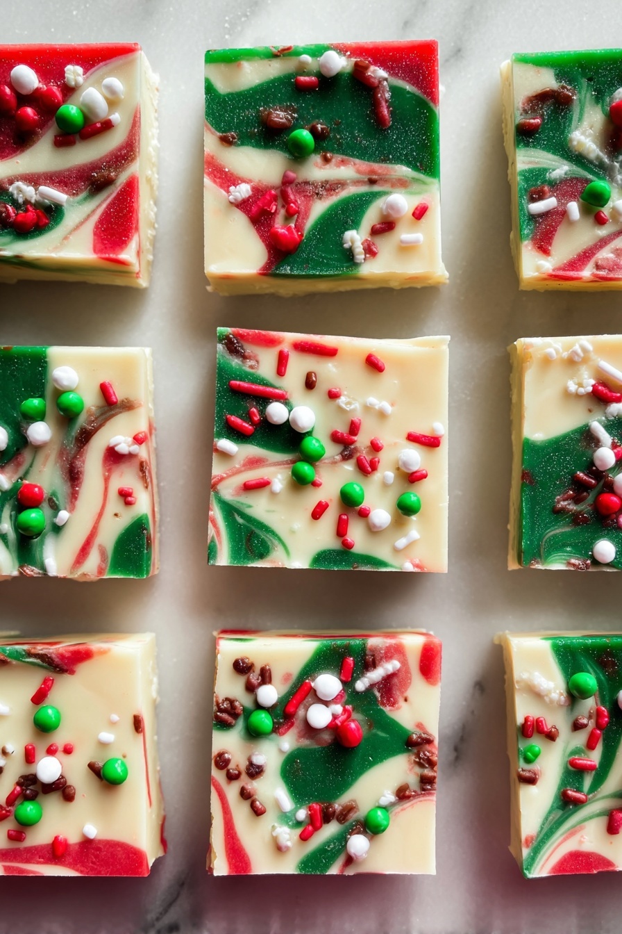 A close-up image of a white marbled square dessert piece held by a woman's hand. The dessert has two visible layers: a bottom red layer and a thicker top creamy white layer with splashes of red. The top layer is decorated with green, red, and white small round and cylindrical sprinkles scattered unevenly. The dessert rests on white parchment paper on a white plate with a white marbled surface as the background. Photo taken with an iphone --ar 2:3 --v 7