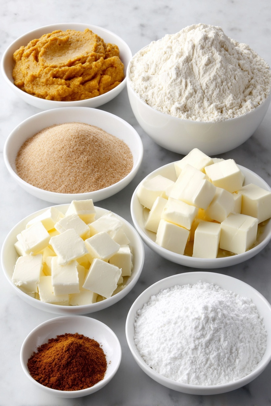 Flat lay of a small mound of fine bread flour, a small mound of granulated sugar, a small mound of light brown sugar, a small mound of all-purpose flour, a small mound of cornstarch, a few teaspoons of pumpkin pie spice in a neat pile, two small white ceramic bowls—one with smooth orange pumpkin puree and one with pale orange heavy cream, three whole large eggs with clean brown shells, a small white ceramic bowl of unsalted butter cubes, a small white ceramic bowl with smooth cold cream cheese, a small white ceramic bowl of powdered sugar, and a small white ceramic bowl of golden water arranged symmetrically on a clean white marble surface, soft natural light, photo taken with an iPhone, professional food photography style, fresh ingredients, white ceramic bowls, no bottles, no duplicates, no utensils, no packaging --ar 2:3 --v 7 --p m7354615311229779997